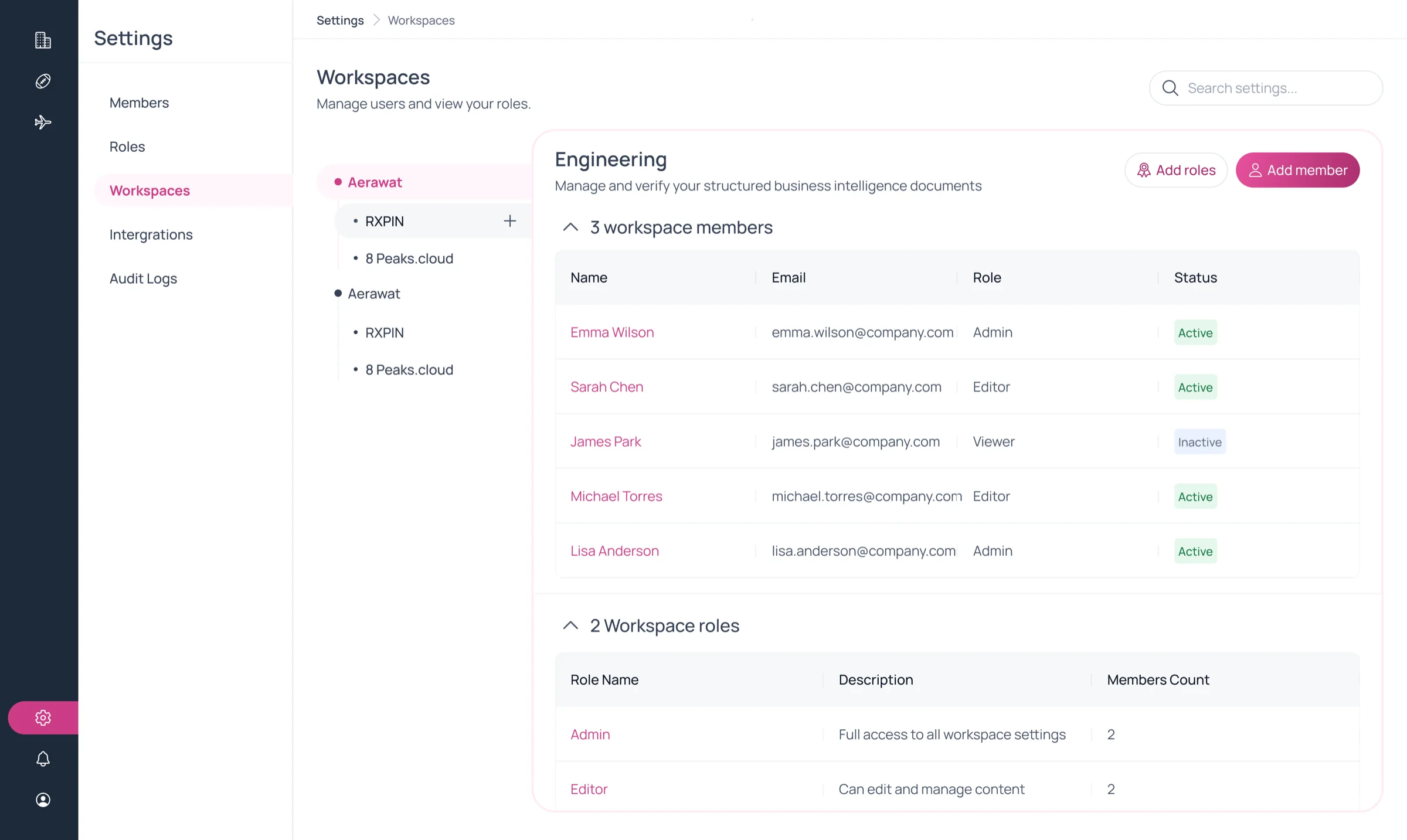 Nested workspace tree beside a workspace panel listing members, their roles and workspace roles
